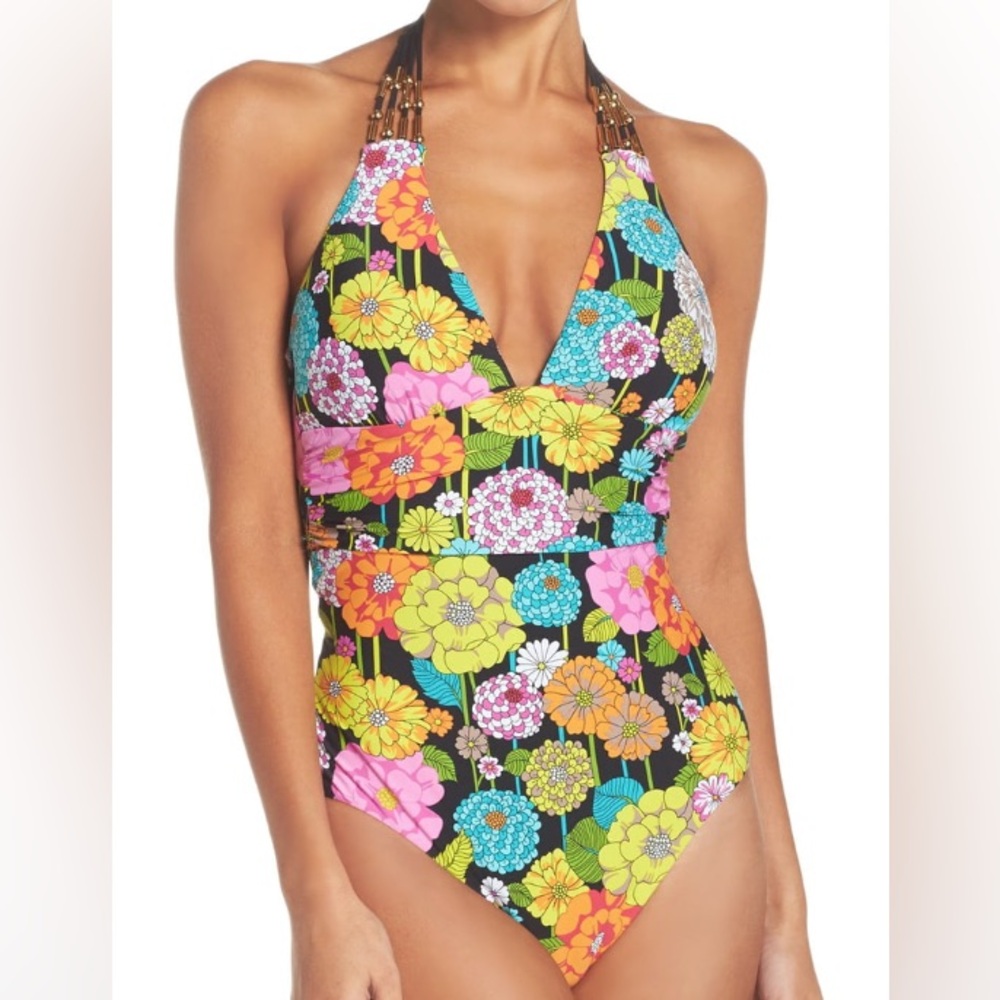 Trina Turk Santiago Floral Print Strappy Beaded Halter One Piece Swimsuit